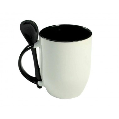 Taza blanca con interior, cuchara y asa de color negro Sublimarts