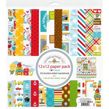 Pack de Cartulina Doble Cara I Love Travel 12 piezas de 12" x 12" Doodlebug | 6418